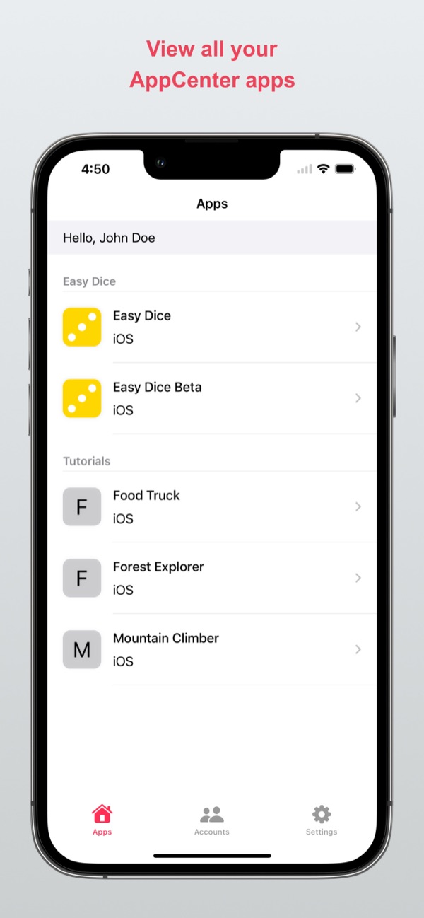 The list of apps of an App Center account