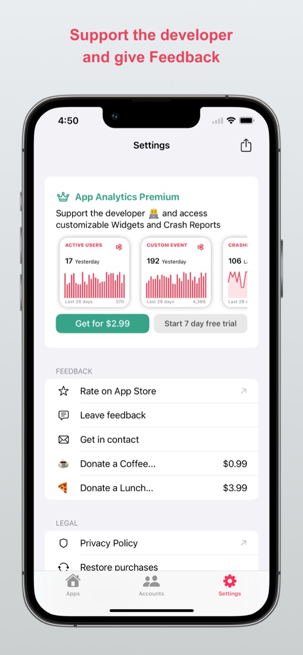 The Settings screen with App Analytics Premium