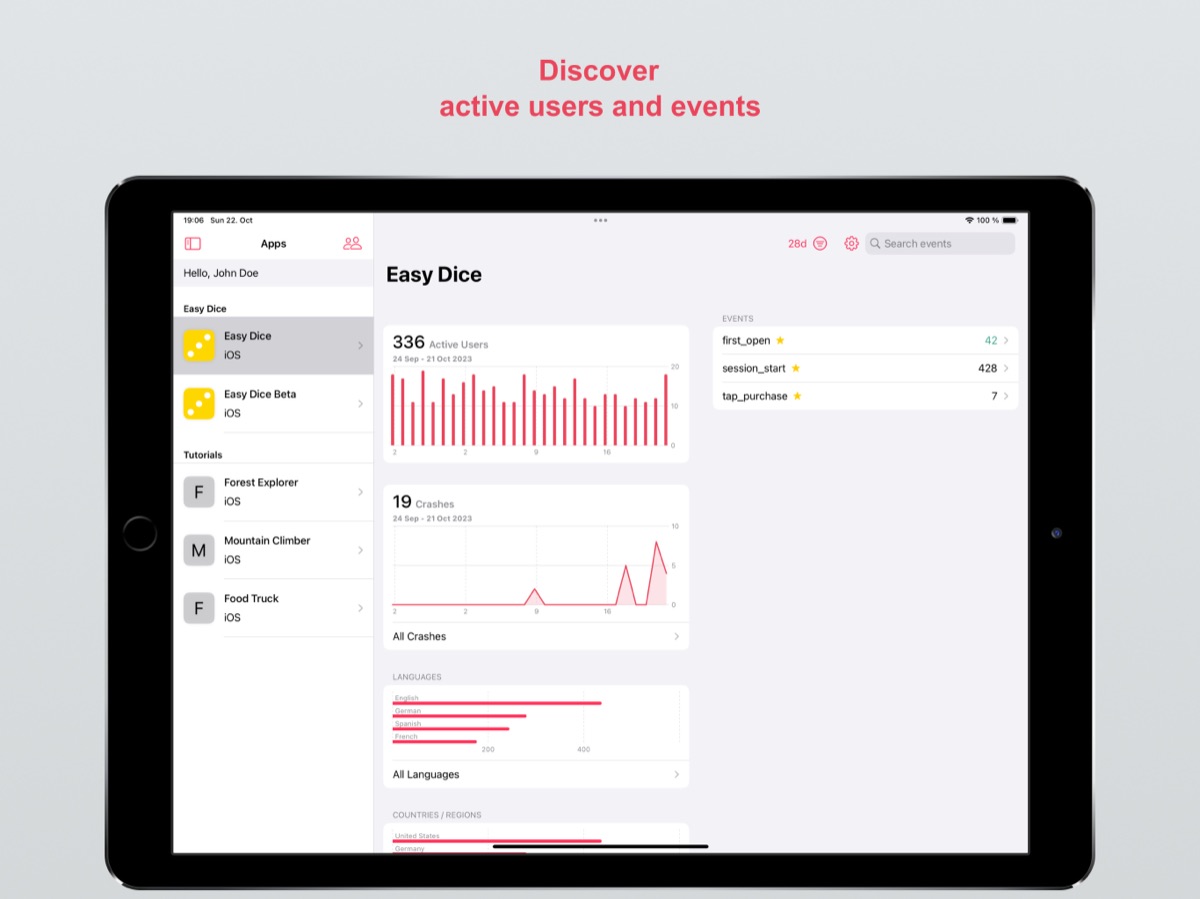The list of apps beside charts of active users and crashes, on iPad