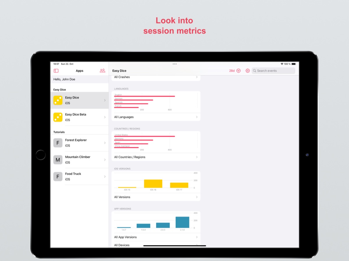 Charts of countries, iOS versions and app versions, on iPad