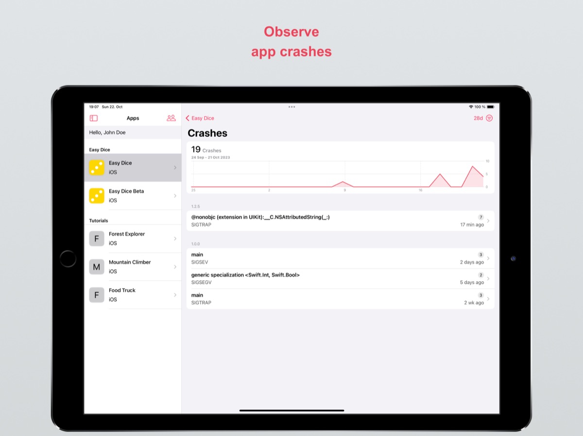 A chart of crashes and a list of crash groups, on iPad