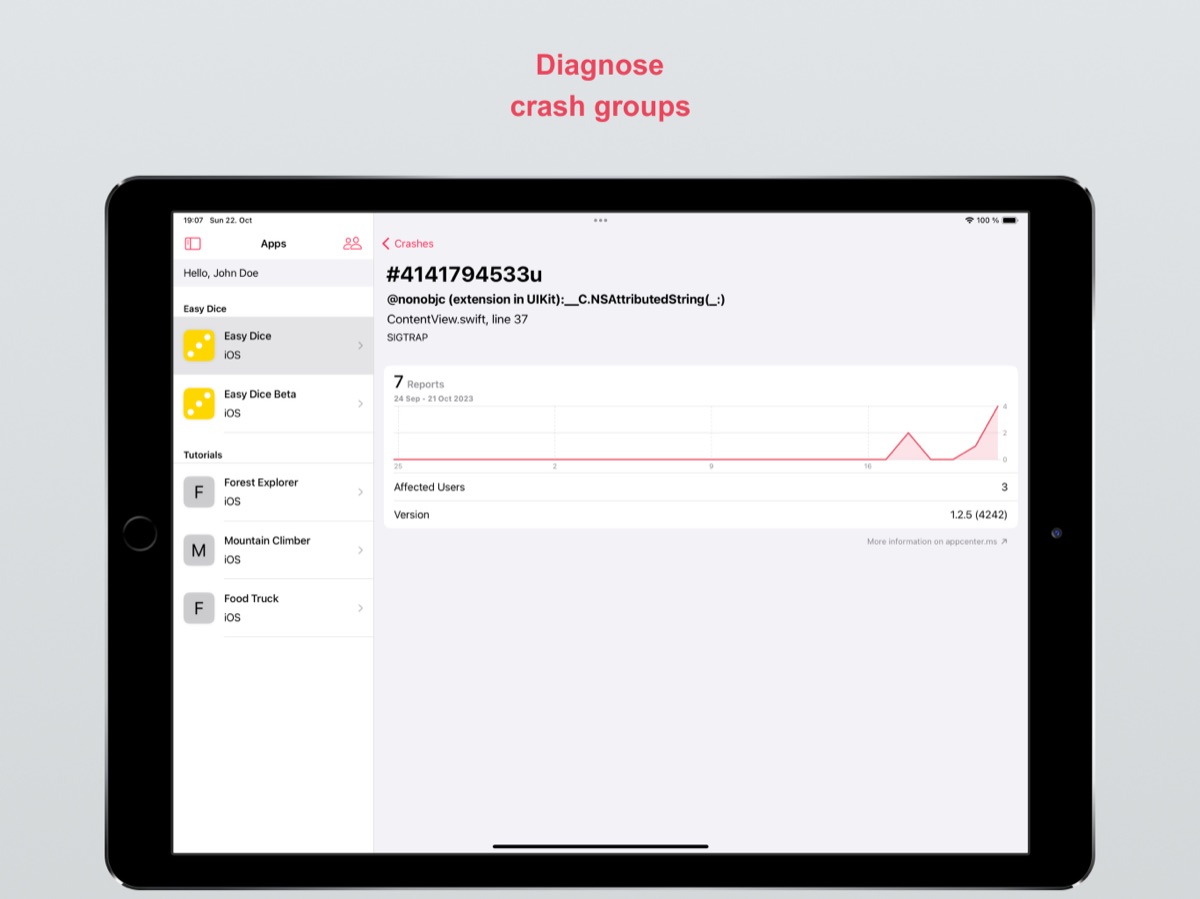 A crash group with its reports and affected users, on iPad
