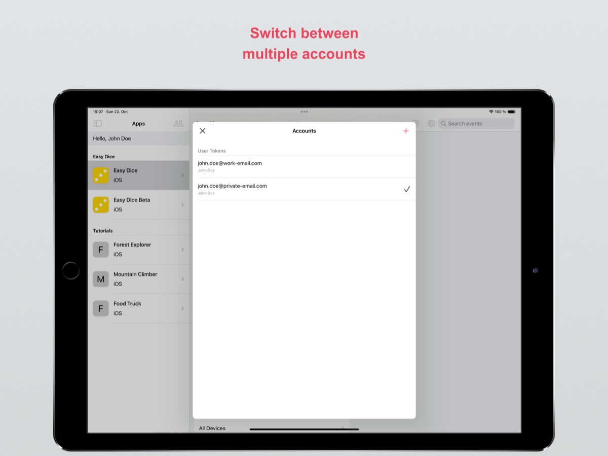 Two linked App Center accounts, on iPad