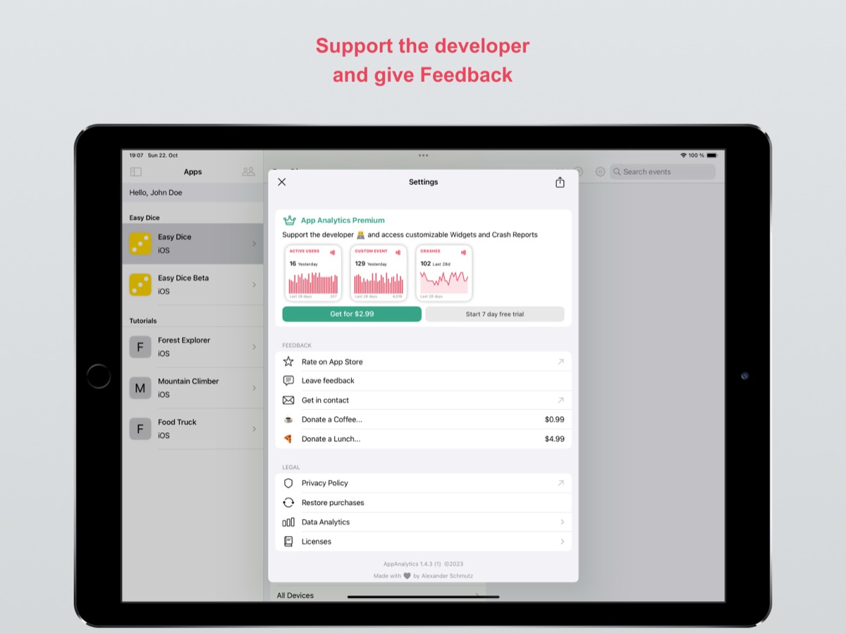 The Settings screen with App Analytics Premium, on iPad