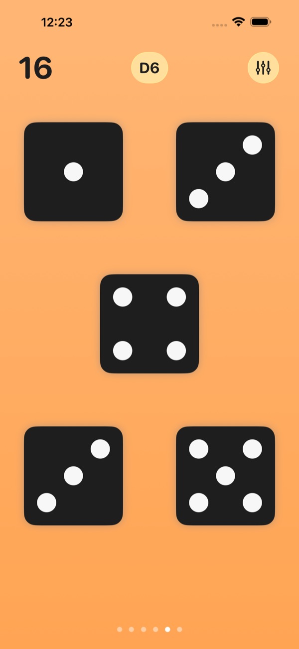 Five dark dice on orange