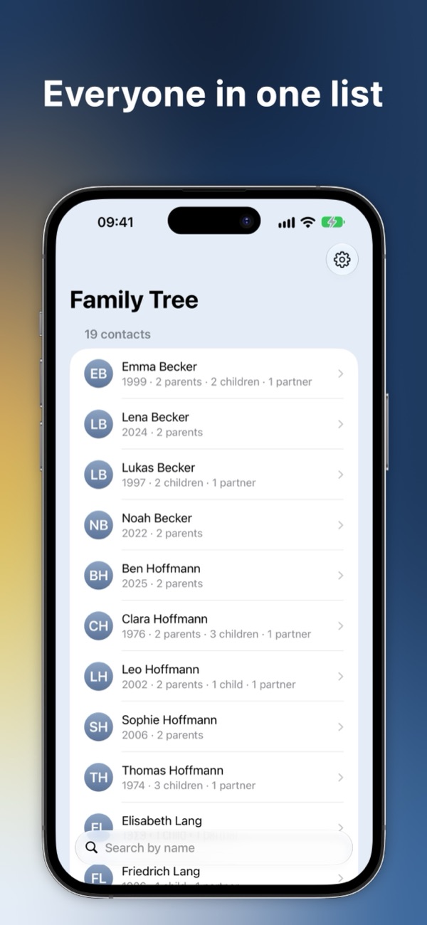 A searchable list of everyone with a family relation