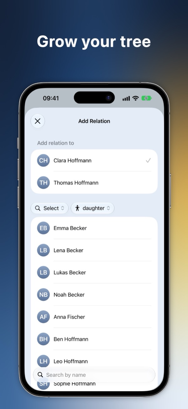 Choosing a contact to add as Clara Hoffmann's daughter