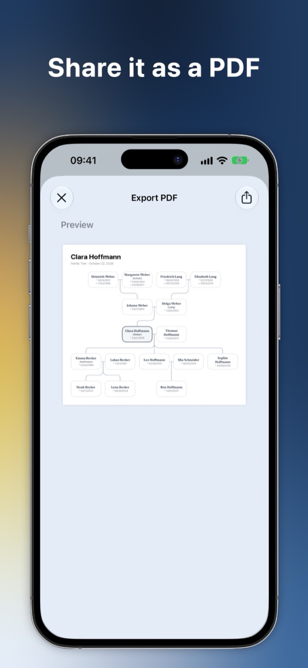 A preview of the family tree as a PDF, ready to share