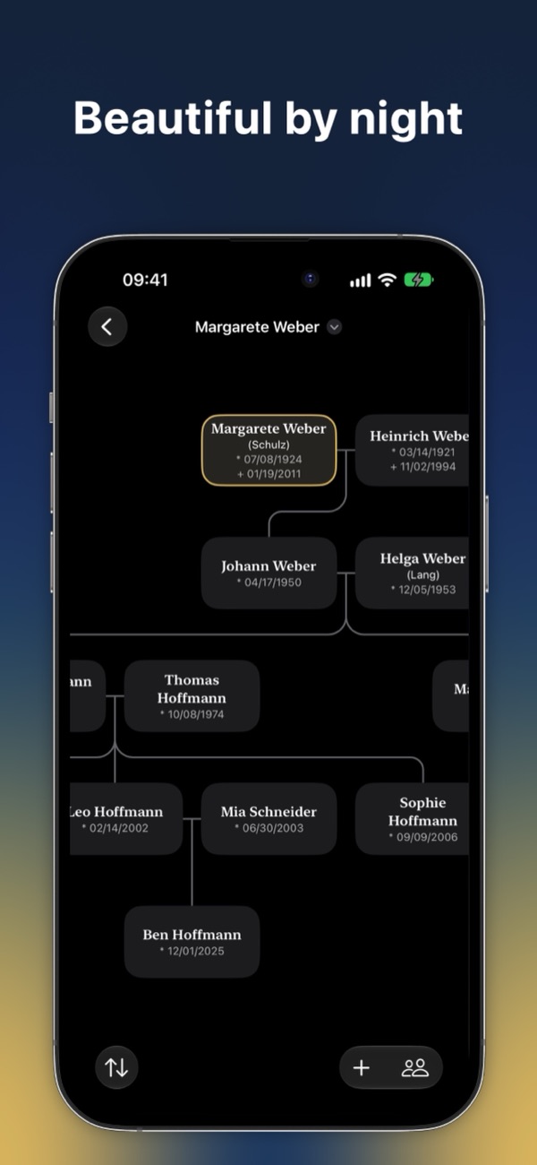 The family tree in dark mode
