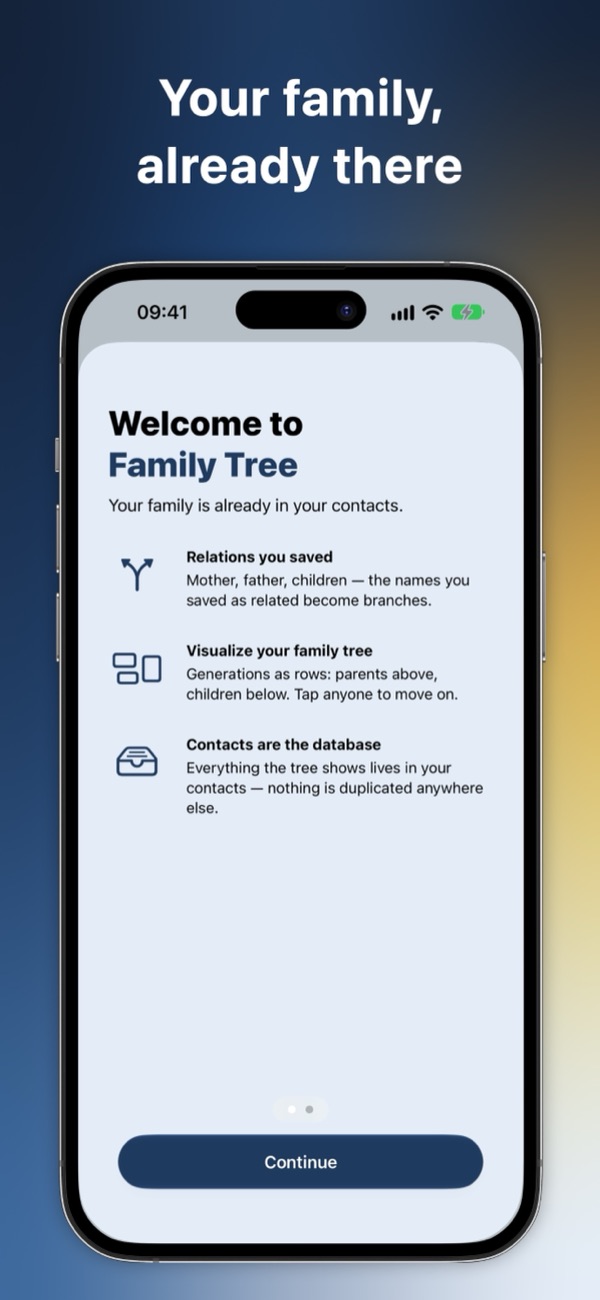 The welcome screen explaining that the tree comes from Contacts