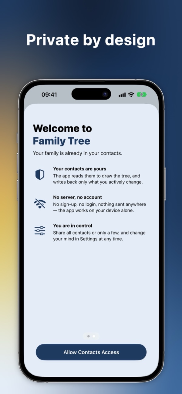 The welcome screen explaining that the data stays on the device