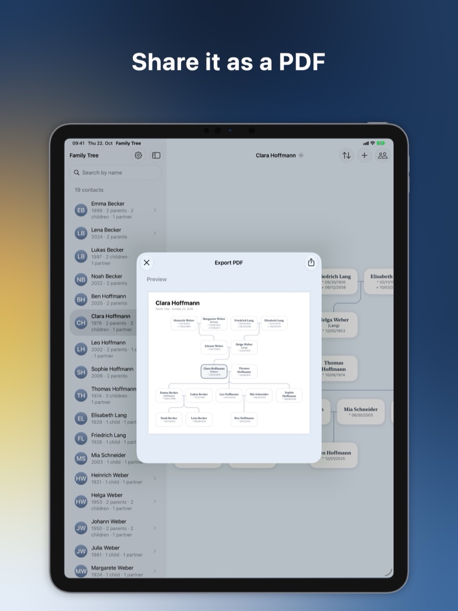 A family tree exported as a PDF on iPad