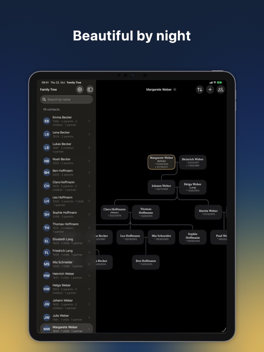 The family tree in dark mode on iPad