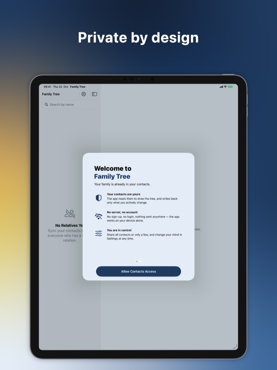 The welcome screen explaining that the data stays on the device