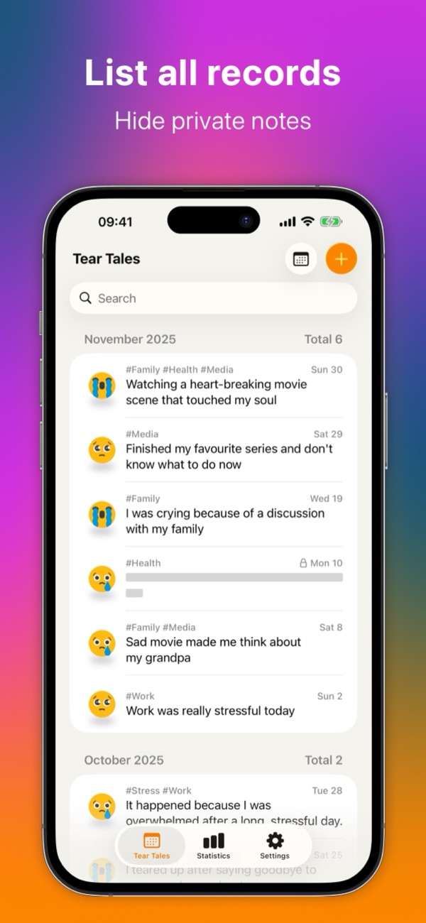 A list of records with tags, dates and notes, one of them hidden