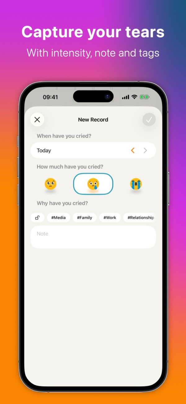 The New Record screen with date, intensity, tags and a note