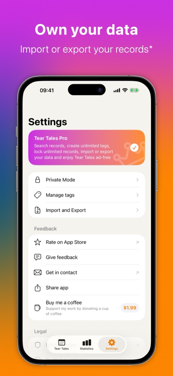 The Settings screen with Tear Tales Pro, Private Mode and tags