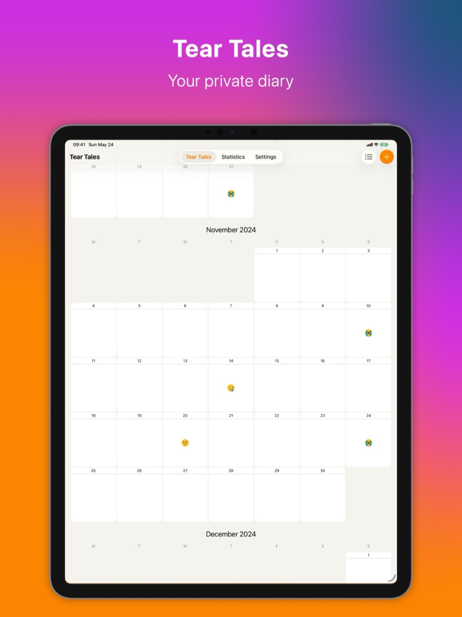 A calendar with crying moments marked by emoji on their days, on iPad