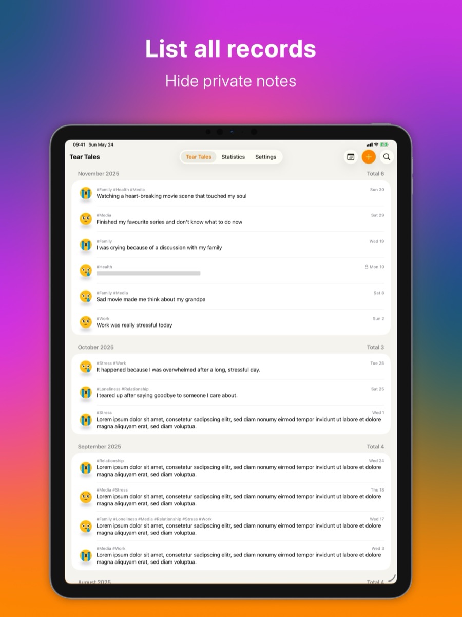 A list of records with tags, dates and notes, one of them hidden, on iPad