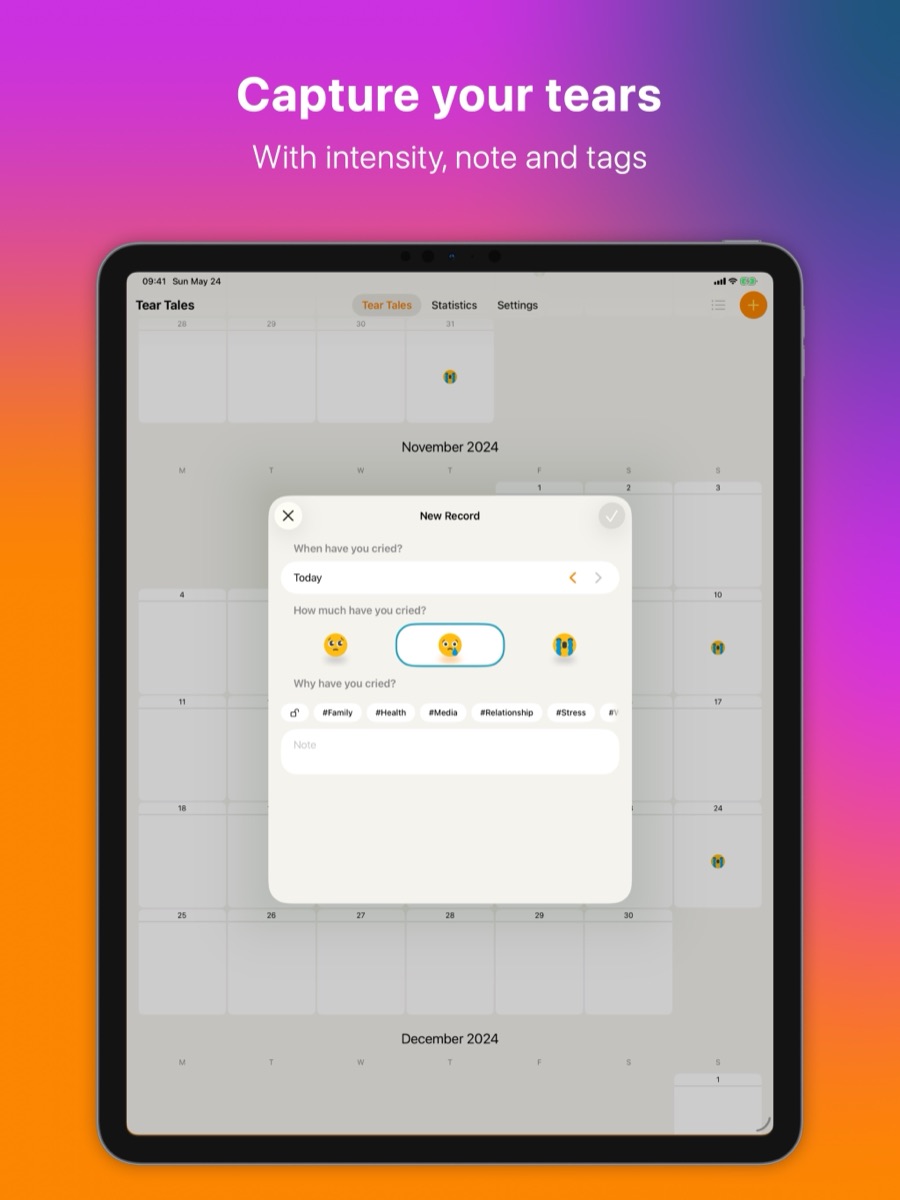 The New Record screen with date, intensity, tags and a note, on iPad