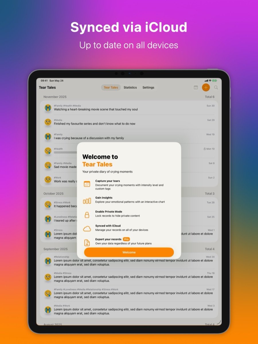 The welcome screen listing the app's features, on iPad